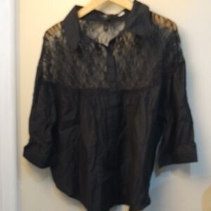 E2 Isabella Rodriguez XL Black Half Lace Blouse With 3/4 Sleeves